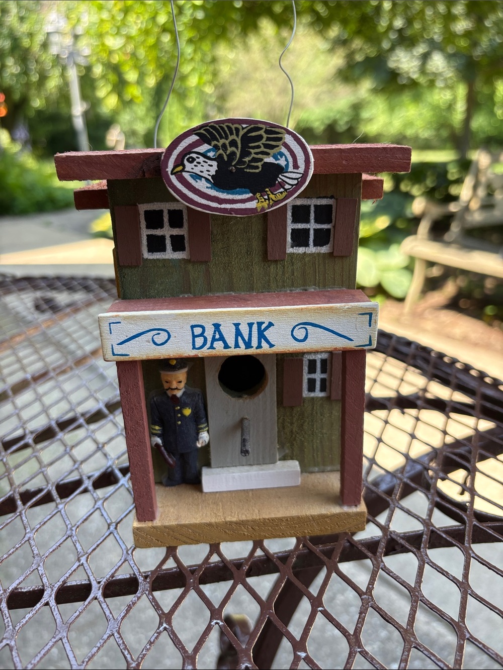 Decorative folk art wooden bank birdhouse